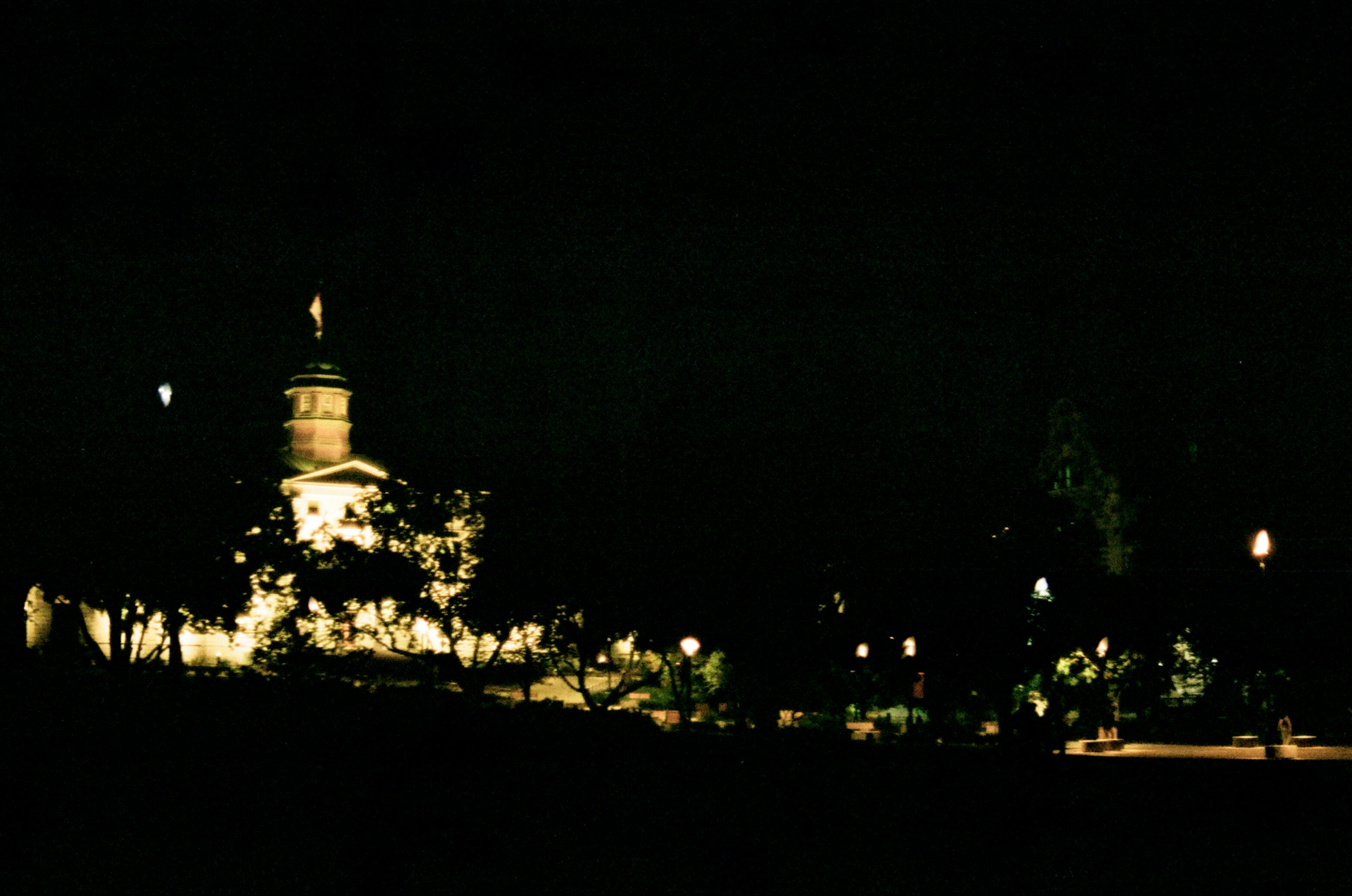 Brightly-lit university buildings seen through the trees